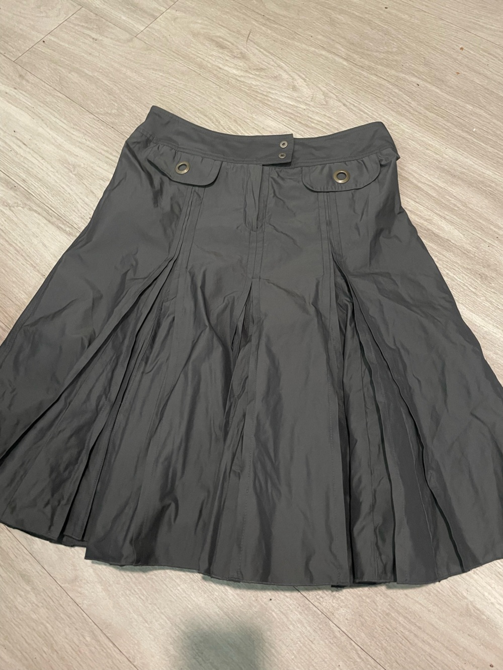 Gerard Darel Black A-Line Pleated Skirt with Grommet Tabs